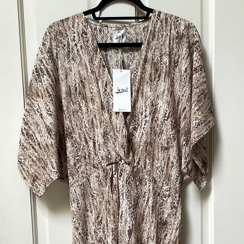 Lezat brown and white casual wrap maxi dress, open front, size large